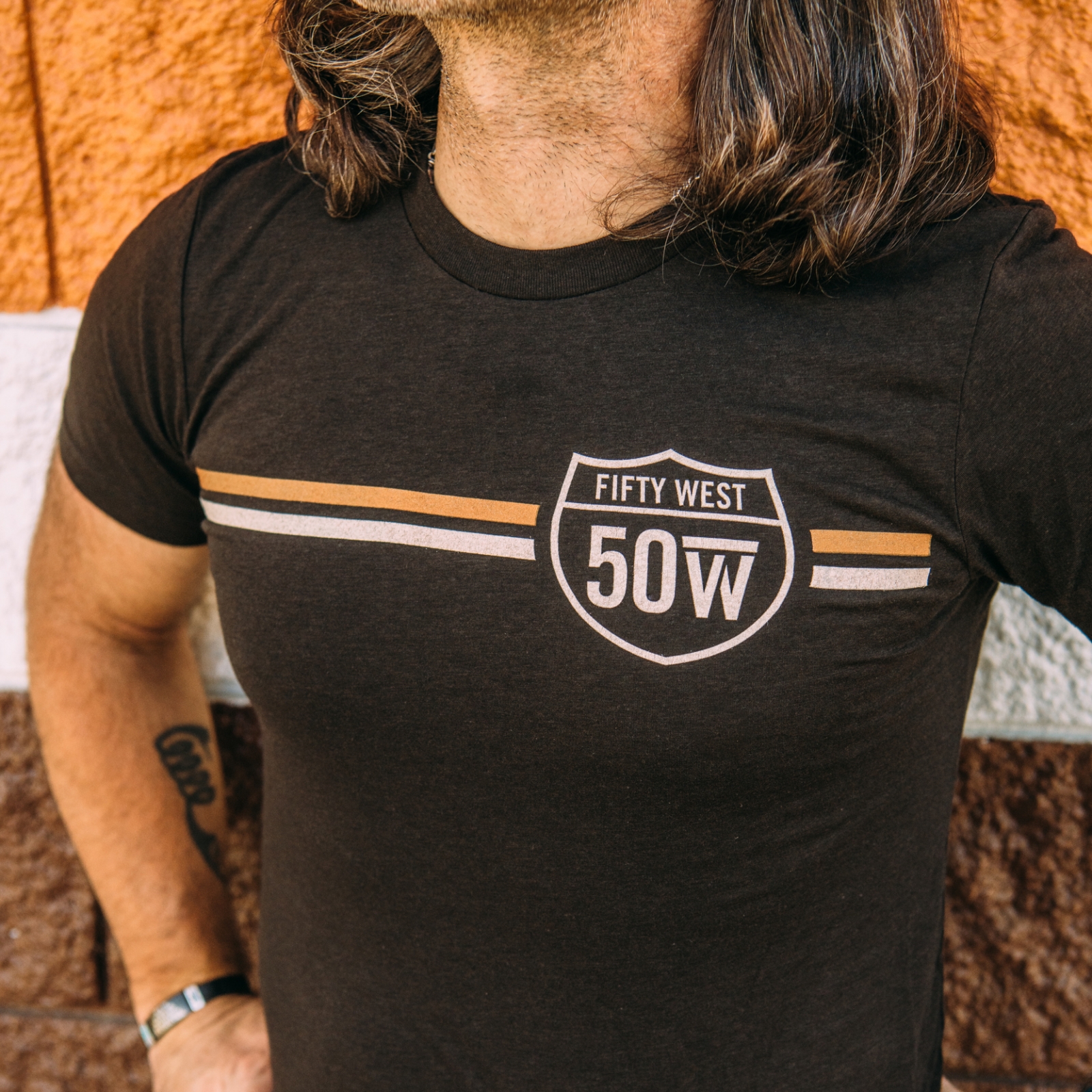 royalty stout beneden Espresso Retro Striped T-Shirt - Fifty West Brewing Company